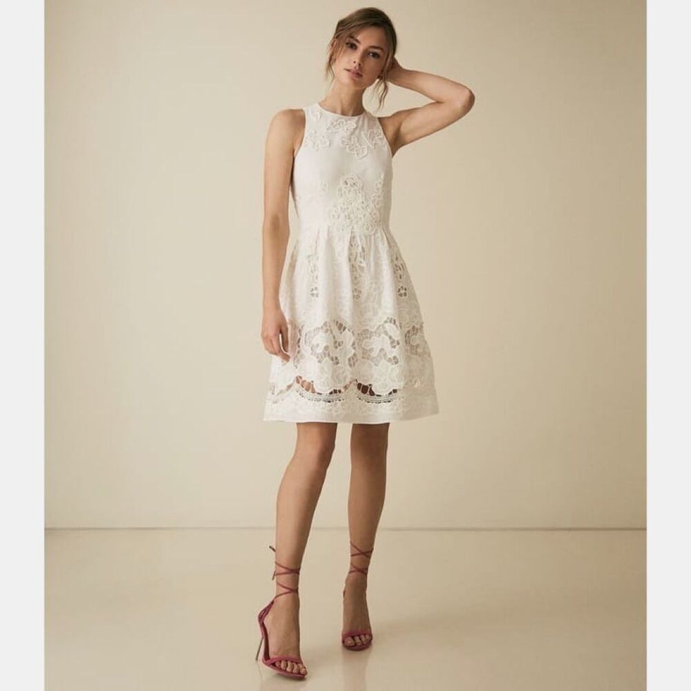 NWT $370 Women's 6 REISS Rosina-Broderie Fit & Flare Dress Lined Ivory/White
